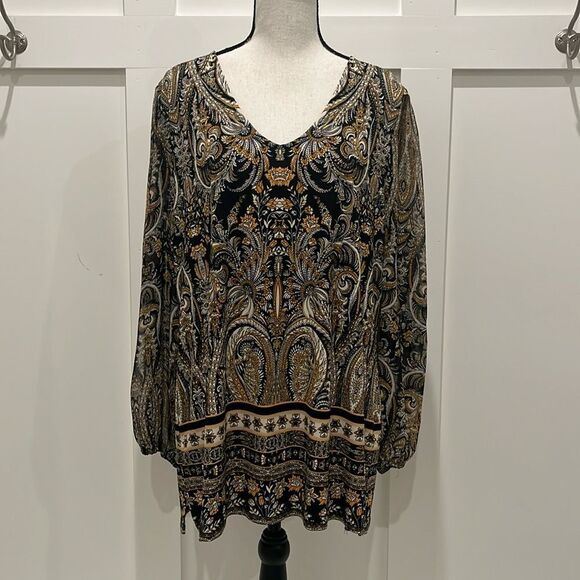 JM Collection LS V-neck Top with slit sleeves - Picture 1 of 10